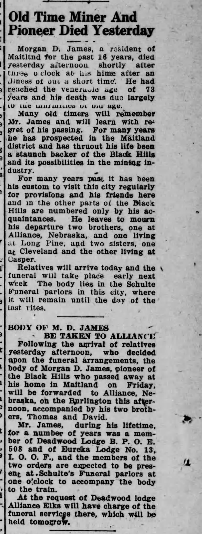 Death of Morgan D. James, Maitland, South Dakota, 1923