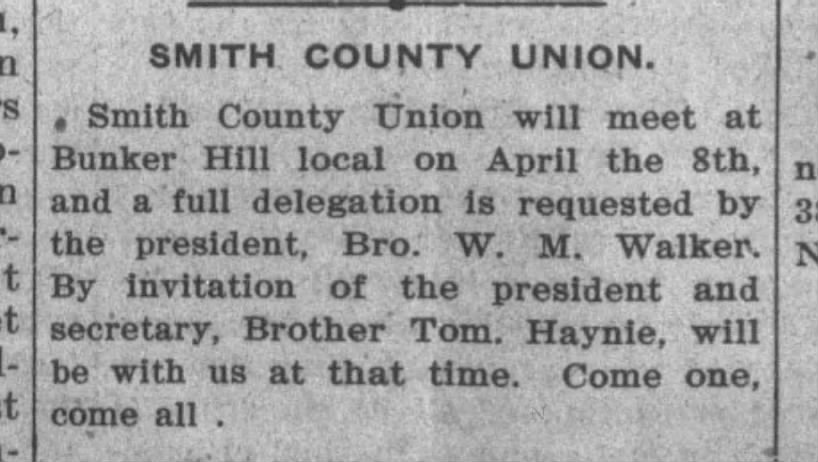 Smith county Union- meeting at Bunker Hill- Bro Wm Walker - 