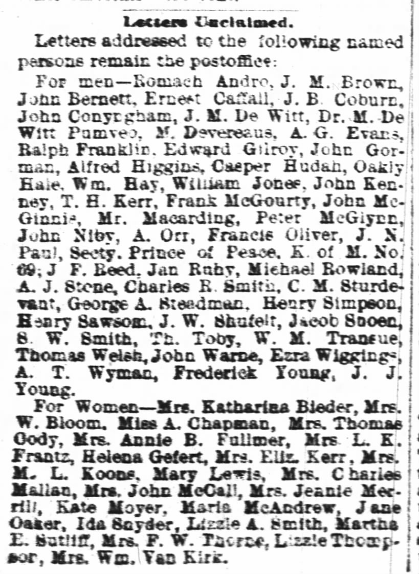 November 17 1890 Newspaper "Letters Unclaimed" column Helena Gefert
