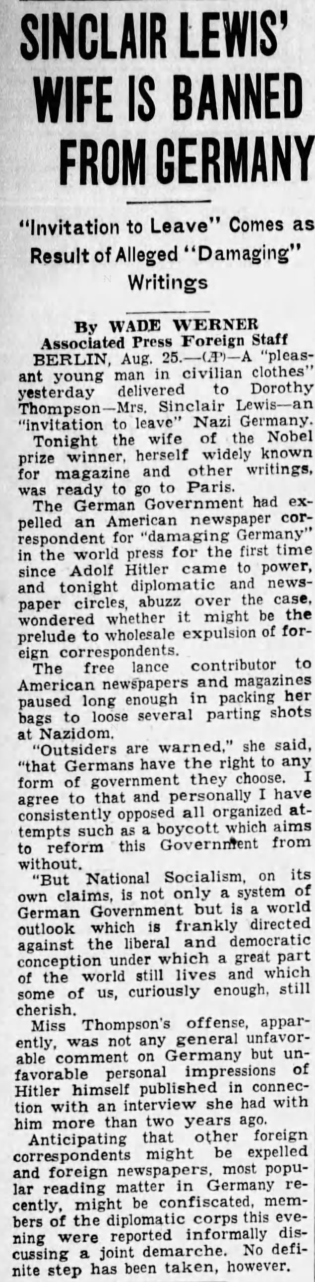 Sinclair Lewis' Wife is Banned From Germany - 26 Aug 1934 p2 Richmond Item