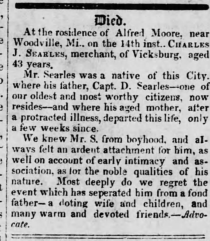 Death of Charles J. Searles, son of Captain Searles