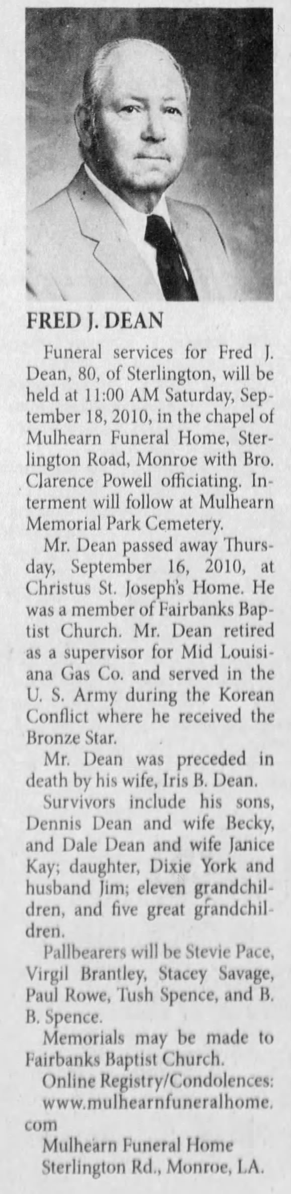 Obituary for Fred J. Dean