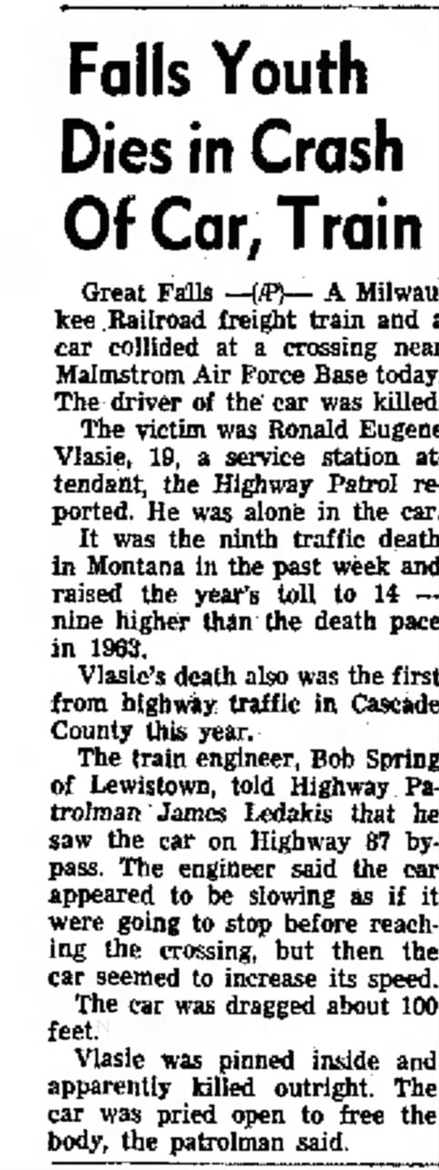 Ronald Eugene Vlasie Death Train/Car Crash - 29 Jan 1964, Helena, MT
