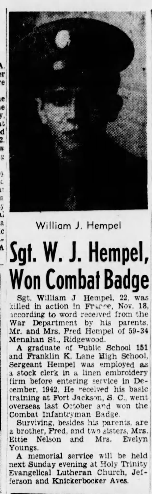 Sgt W. J. Hempel Won Combat Badge - 14 Dec 1944