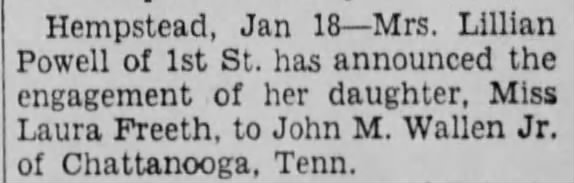 Laura H. Freeth engaged to John M. Waller Jr. - 19 Jan 1936