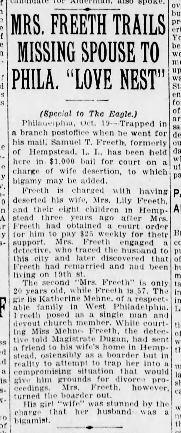 Mrs Freeth Trails Missing Spouse to Phila. "Love Nest" - 19 Oct 1923