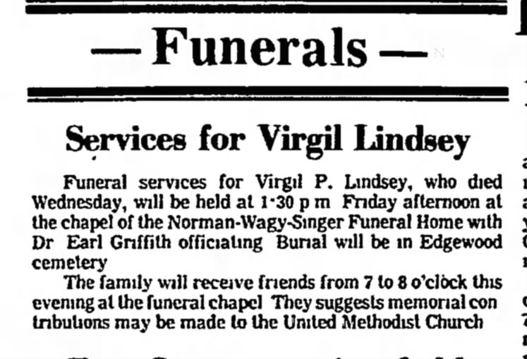 Funeral Notice:  Virgil Paul Lindsey