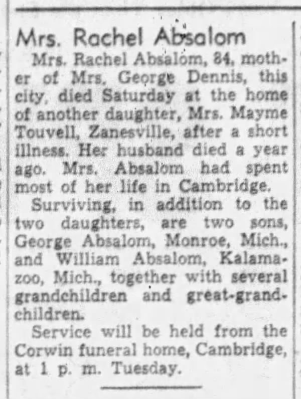 Rachel (Johnston) Absalom Obituary, Chillicothe Gazette, 27 Mar 1950, p2c3