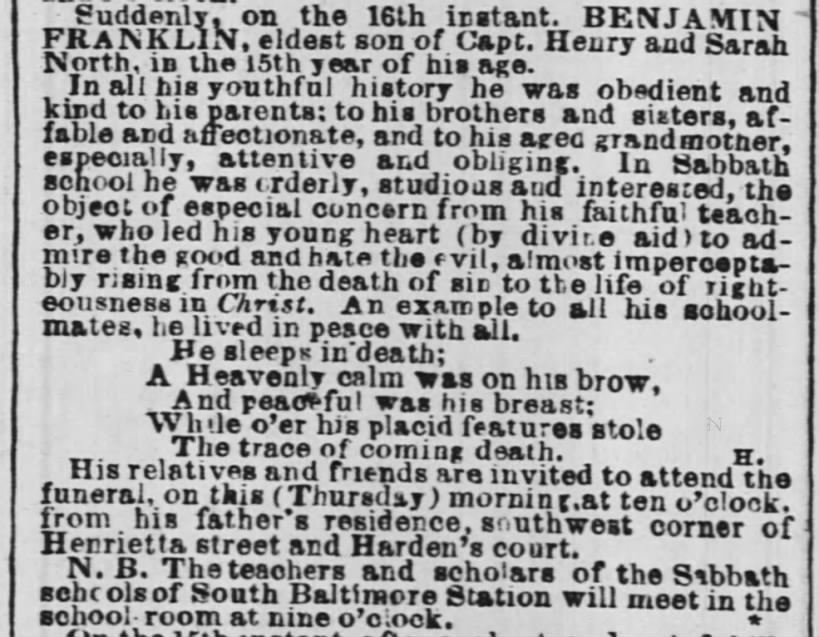 Benjamin Franklin North Death Announcement, Bal Sun, 18 Feb 1858, p2c3