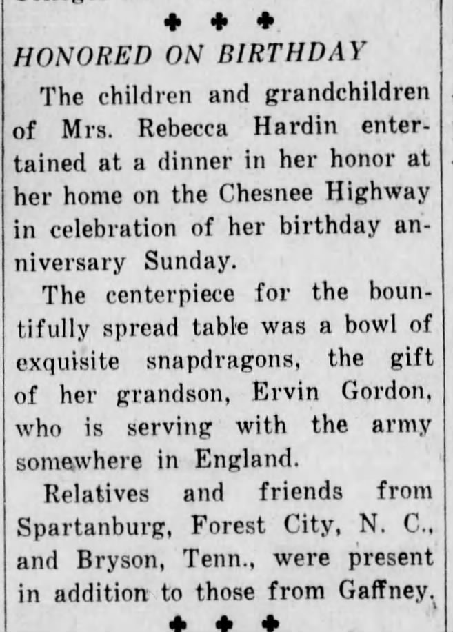 Mrs. Rebecca Hardin; celebrates birthday; relatives from Forest City NC; June 1944