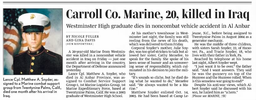 Carroll Co. Marine, 20, killed in Iraq