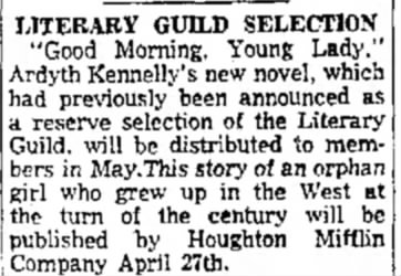 Lubbock Avalanche-Journal: Good Morning, Young Lady by Ardyth Kennelly, Literary Guild Selection