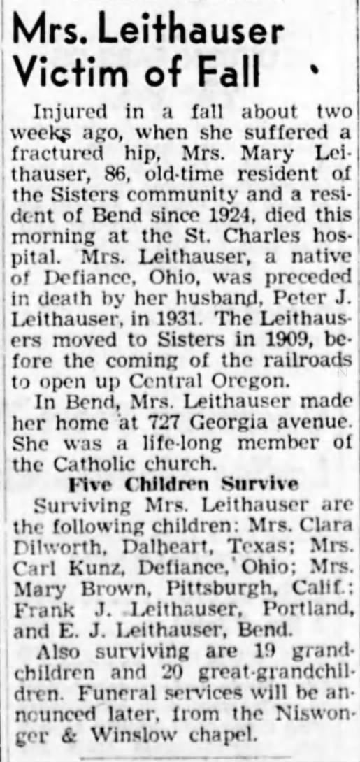 Mary Leithauser Obit 1944