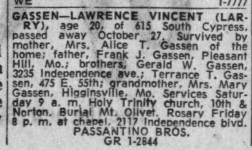 Death of Lawrence Vincent Gassen