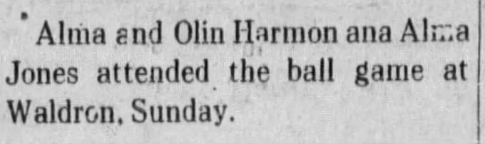 1913 05 23 Alma and Olin Harmon ball game The State Line Democrat Fri Pg 1