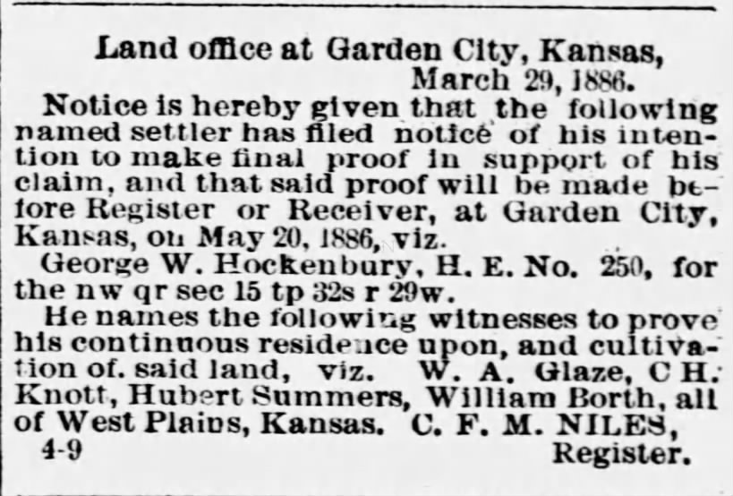 1886 04 03 GW Hockenberry Land Claim Meade County Telegram Sat Pg 3