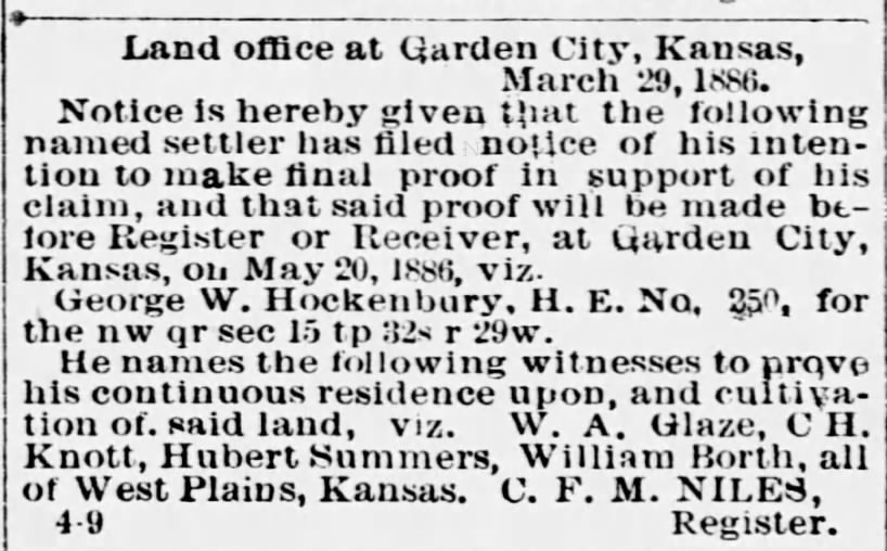 1886 04 17 GW Hockenberry Land Claim Meade County Telegram Sat Pg 3