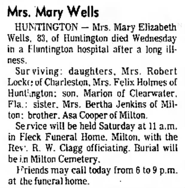 Mary Wells (Cooper) - Obituary