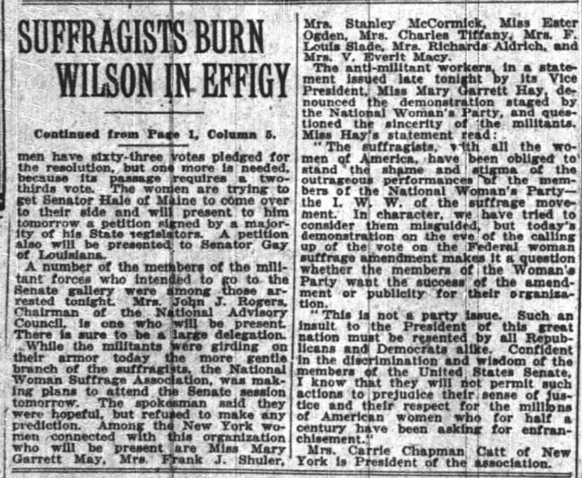 Suffragists Burn Wilson in Effigy; Many Locked Up, NY Times, 10 Feb 1919