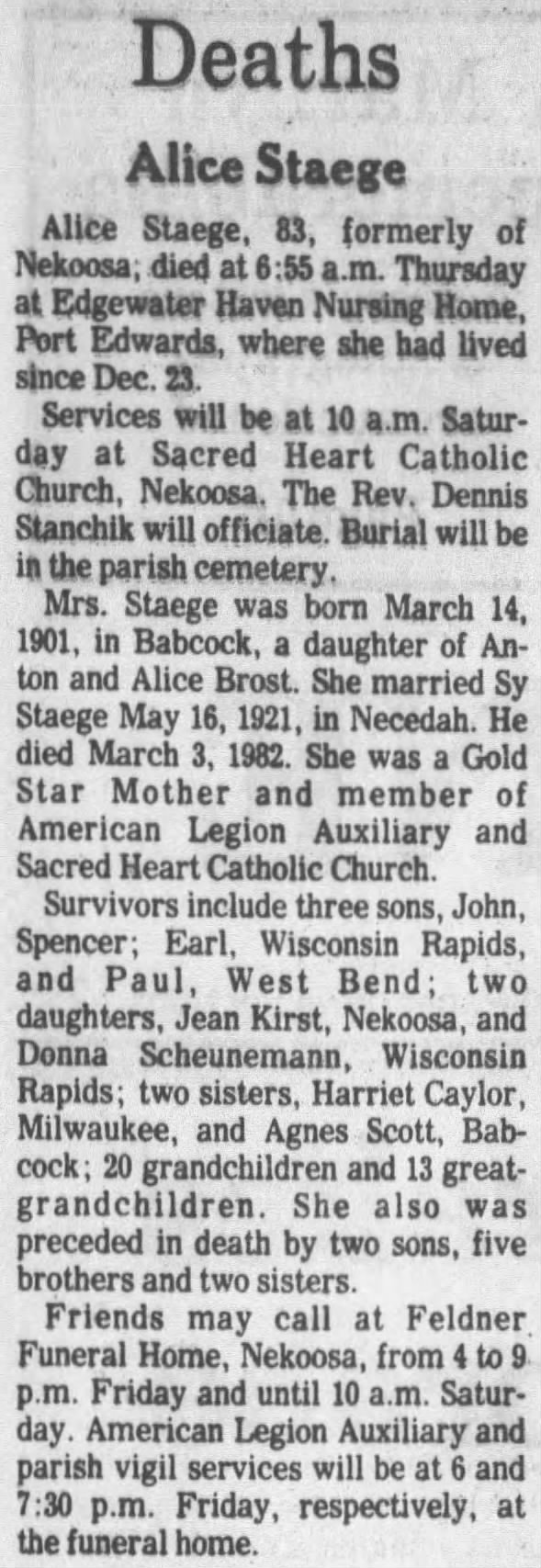 Obituary_Alice [Brost] Staege. 04 Oct 1984. Port Edwards, WI.