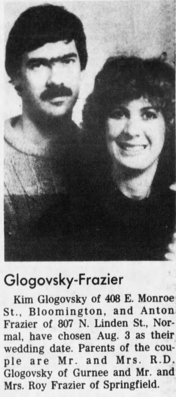 Wedding Announcement_Kimberly Glogovsky and Anton Frazier. 02 Apr 1985. The Pantograph (IL)