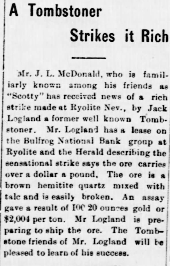 John Logland strikes it rich 28 Feb 1909