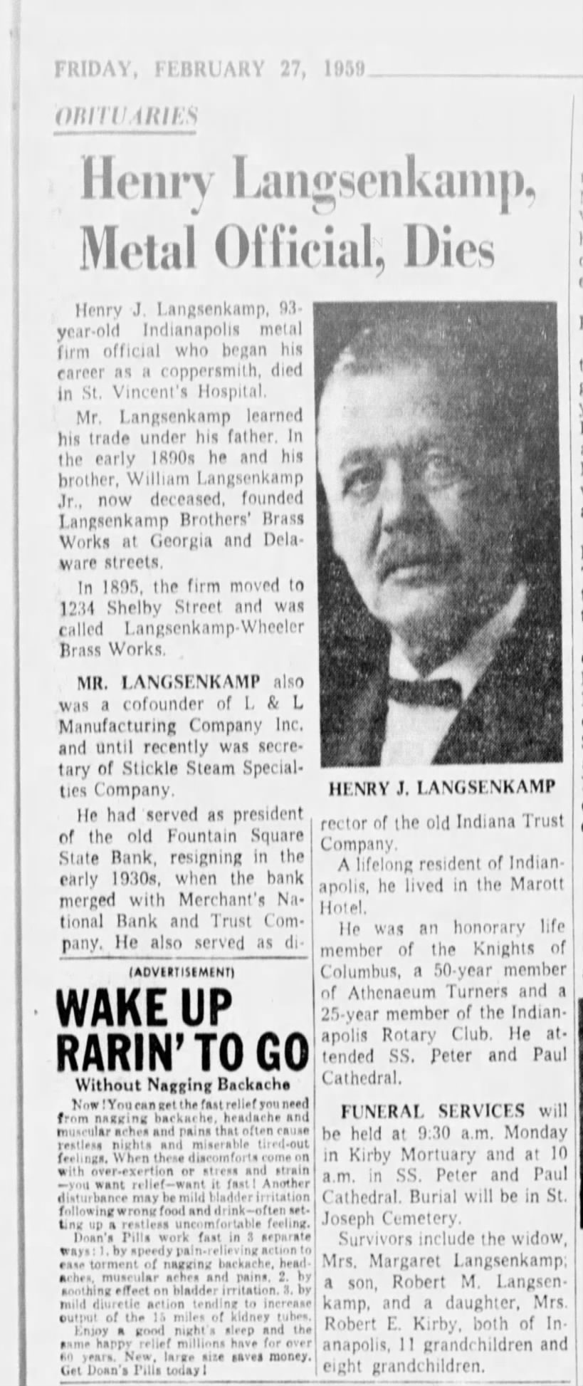 Henry J. Langsenkamp, Sr. death notice