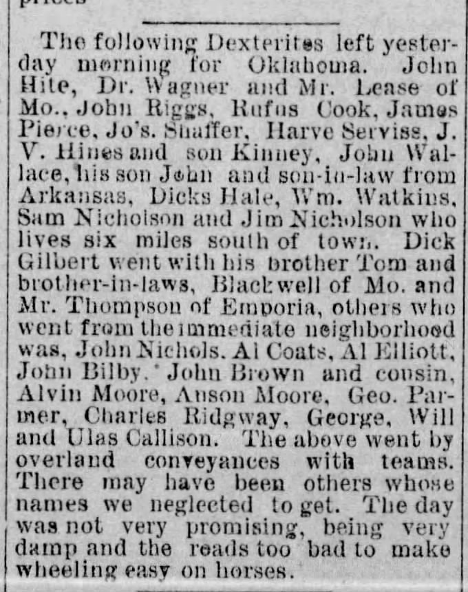 Alvin & Anson Moore leave for Oklahoma Apr 1889