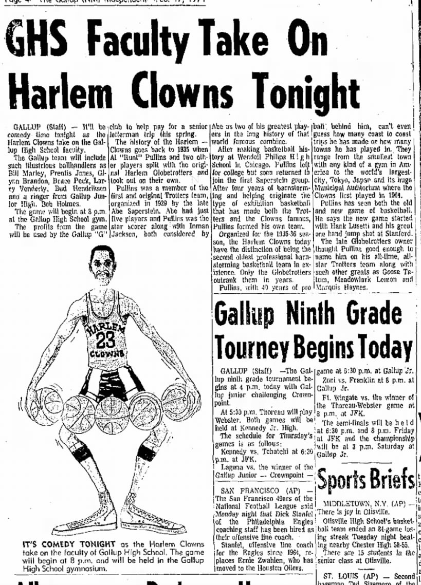 Gallup, New Mexico 
February 17, 1971
Al Pullins named as one of all time greatest Globetrotters