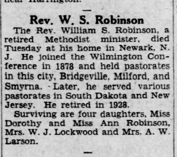 Rev. William S. Robinson- obit- The Morning News- Wilmington, Del.