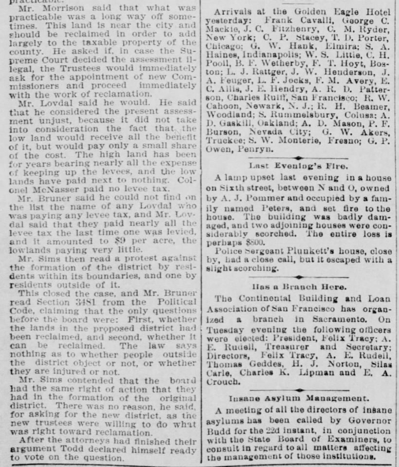 W. E. Lovdal, 14 Nov 1895, Sacramento Record Union, Pg 3, Col 1&2, POSTPONEMENT TILL NEXT MONDAY