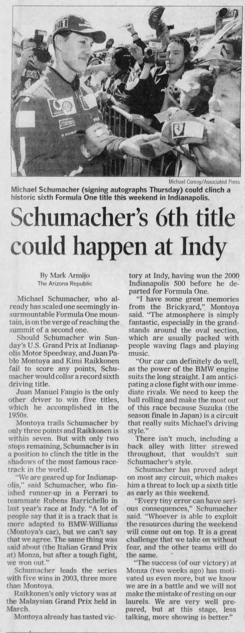 Schumacher's 6th title could happen at Indy - Arizona Republic - 26 September 2003 - Page C16