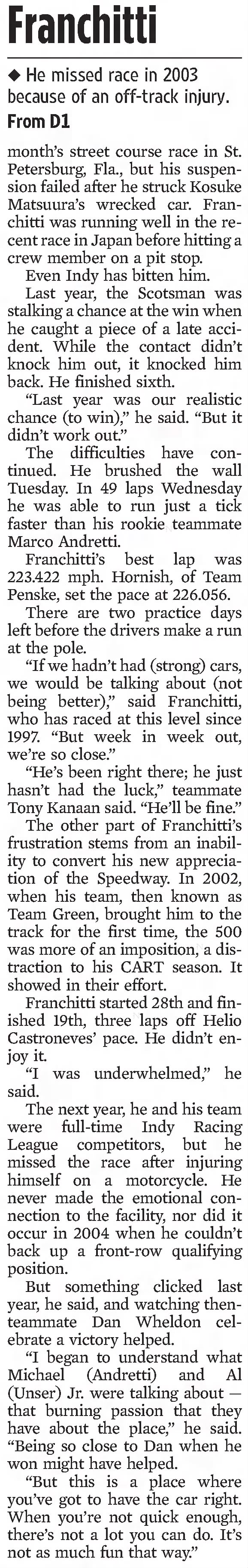 Franchitti 2006 Frustration - The Indianapolis Star - Page D10 - 11 May 2006