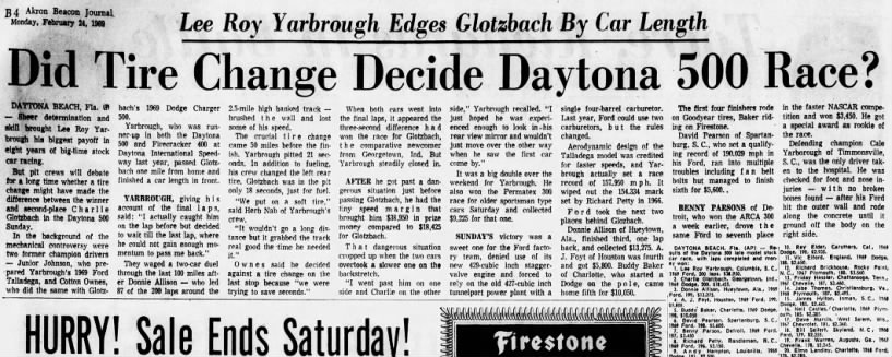 Daytona 500 Tires - Akron Beacon Journal - February 24, 1969 - Page B4