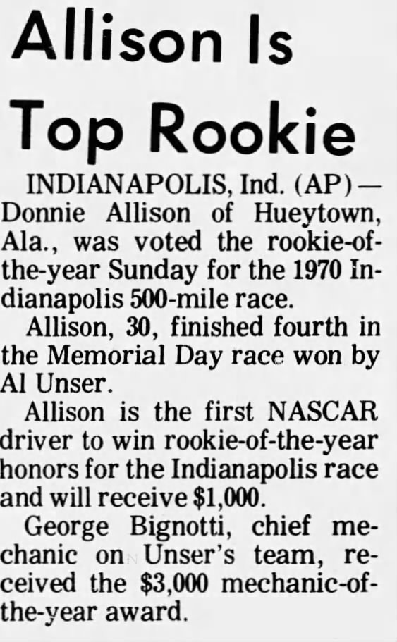 1970 Indy 500 ROTY - Tallahassee Democrat - June 1, 1970 - Page 14