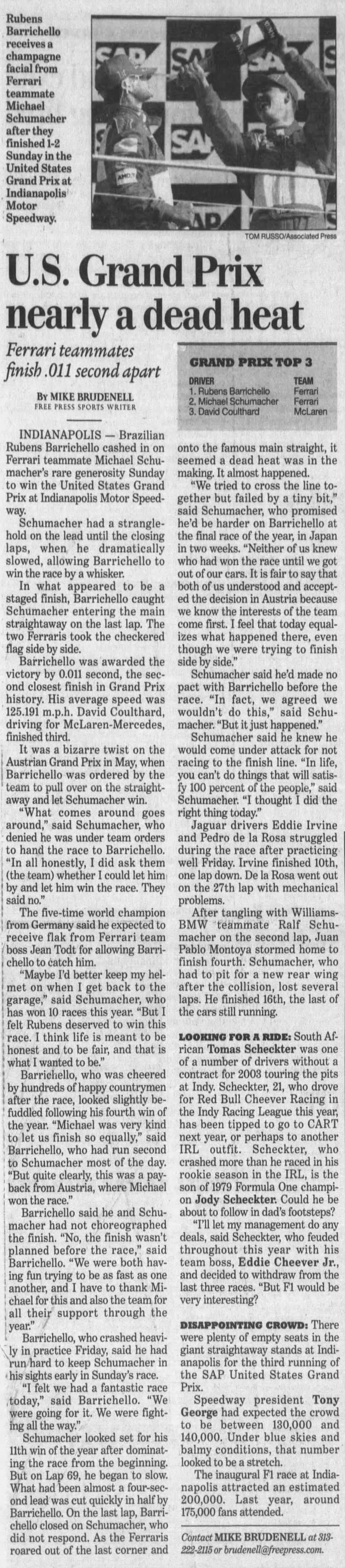 U.S. Grand Prix nearly a dead heat - Detroit Free Press - 30 September 2002 - Page 3D