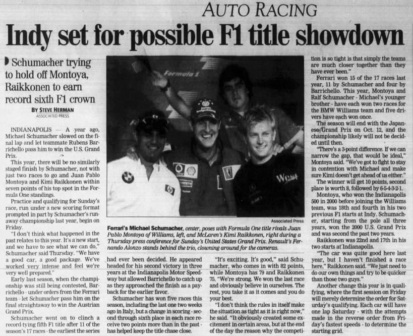 Indy set for possible F1 title showdown - Santa Maria Times - 26 September 2003 - Page B8