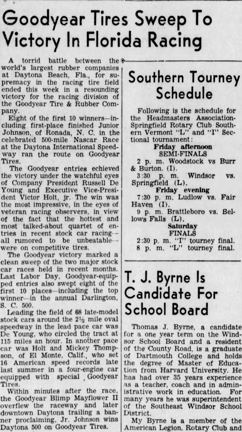1960 Daytona 500 Goodyear win - Vermont Journal - February 25, 1960 - Page 1