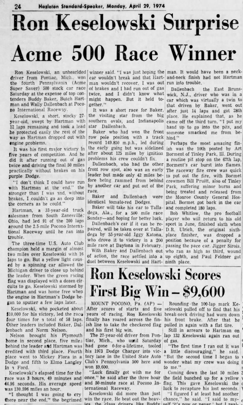 Ron Keselowski 1974 Pocono - Standard-Speaker - 29 April 1974 - Page 24