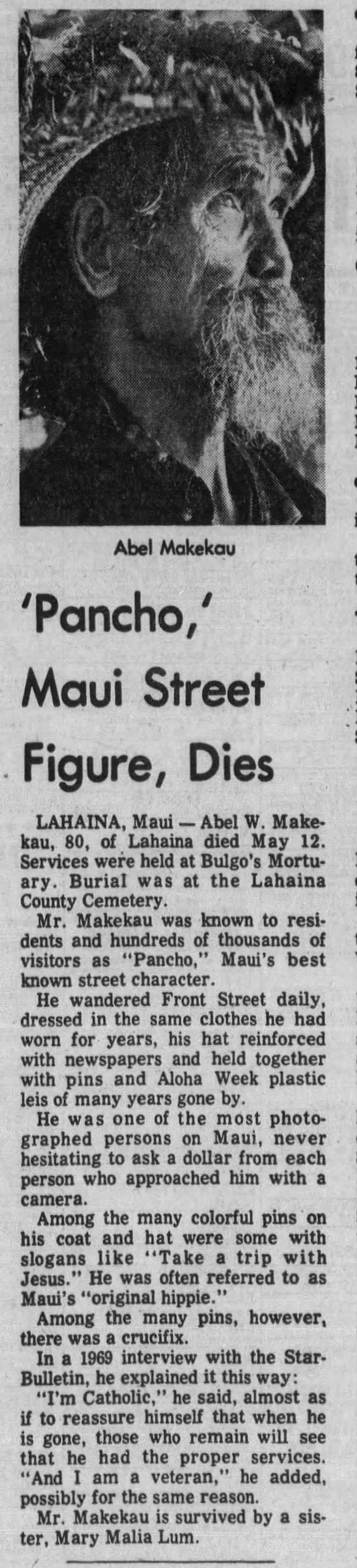 Makekau, Abel Wahawela - OBIT - Honolulu Star Bulletin - 27 May 1976. p E-11