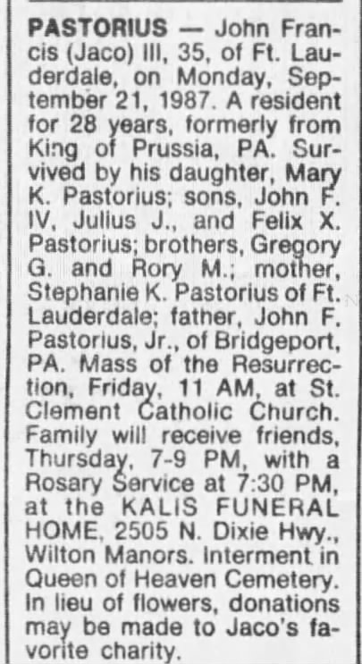 Obituary for John Francis PASTORIUS (Aged 35)