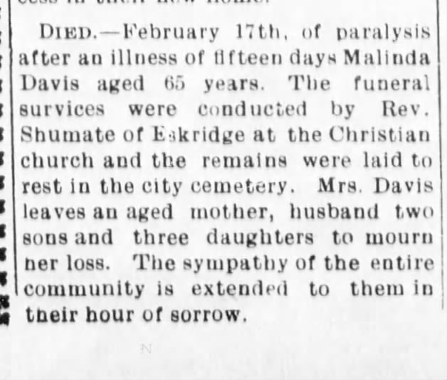 Malinda Davis obit, 1905, Feb 17th