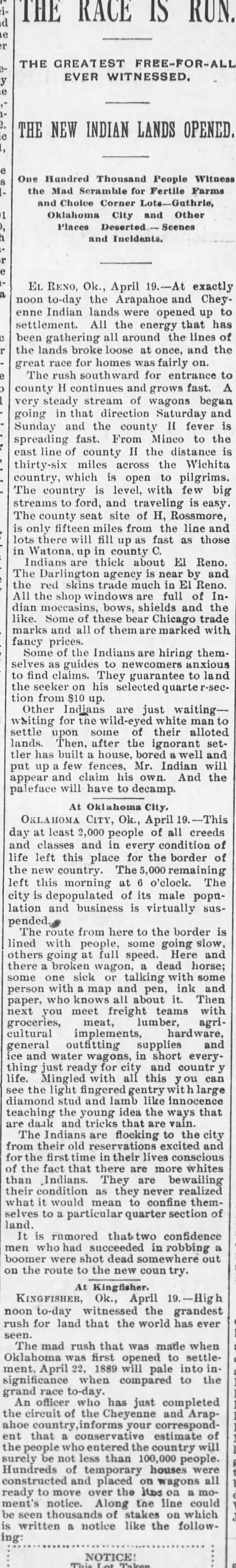 The Race is Run Oklahoma, 1892