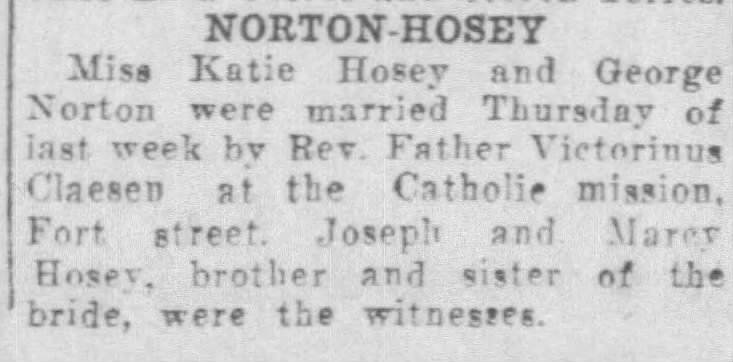 Mary Hosea sister Katie marries George Norton. 30 Jan 1925
