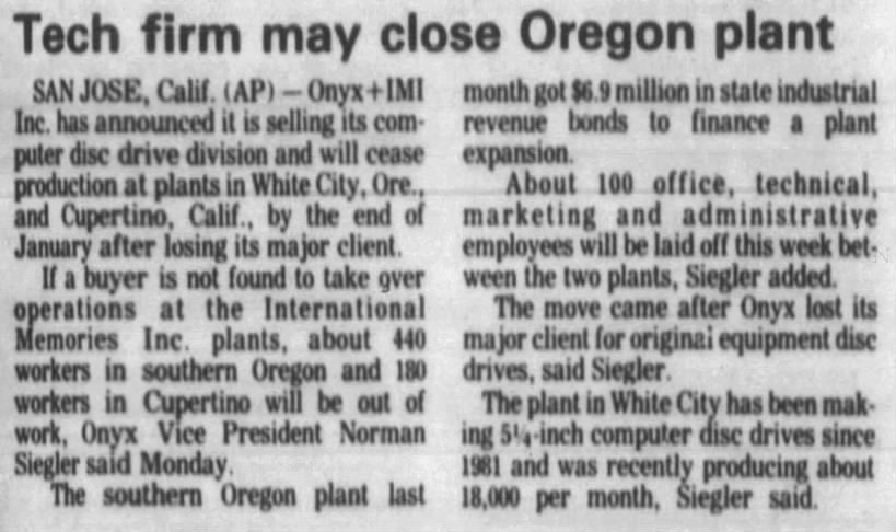 Tech firm may close Oregon plant