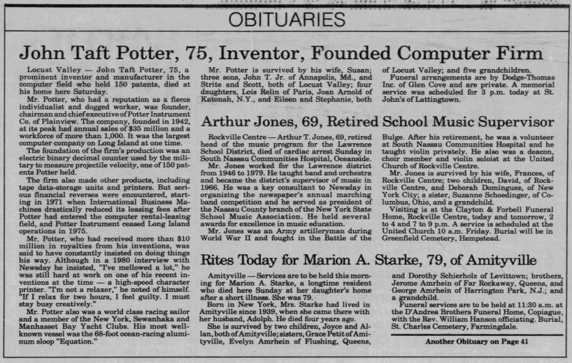 John Taft Potter, 75, Inventor, Founded Computer Firm