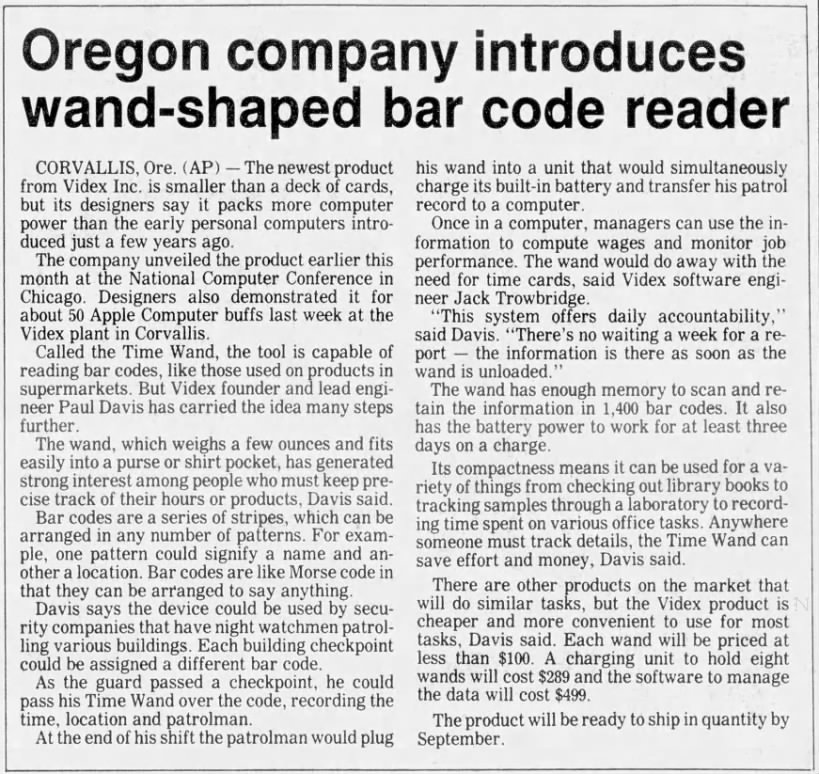 Oregon company introduces wand-shaped bar code reader