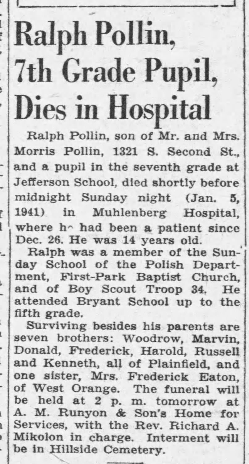 Ralph POllin obituary, Courier News, Bridgewater, NJ, Tuesday, 7 Jan 1941, p. 2.