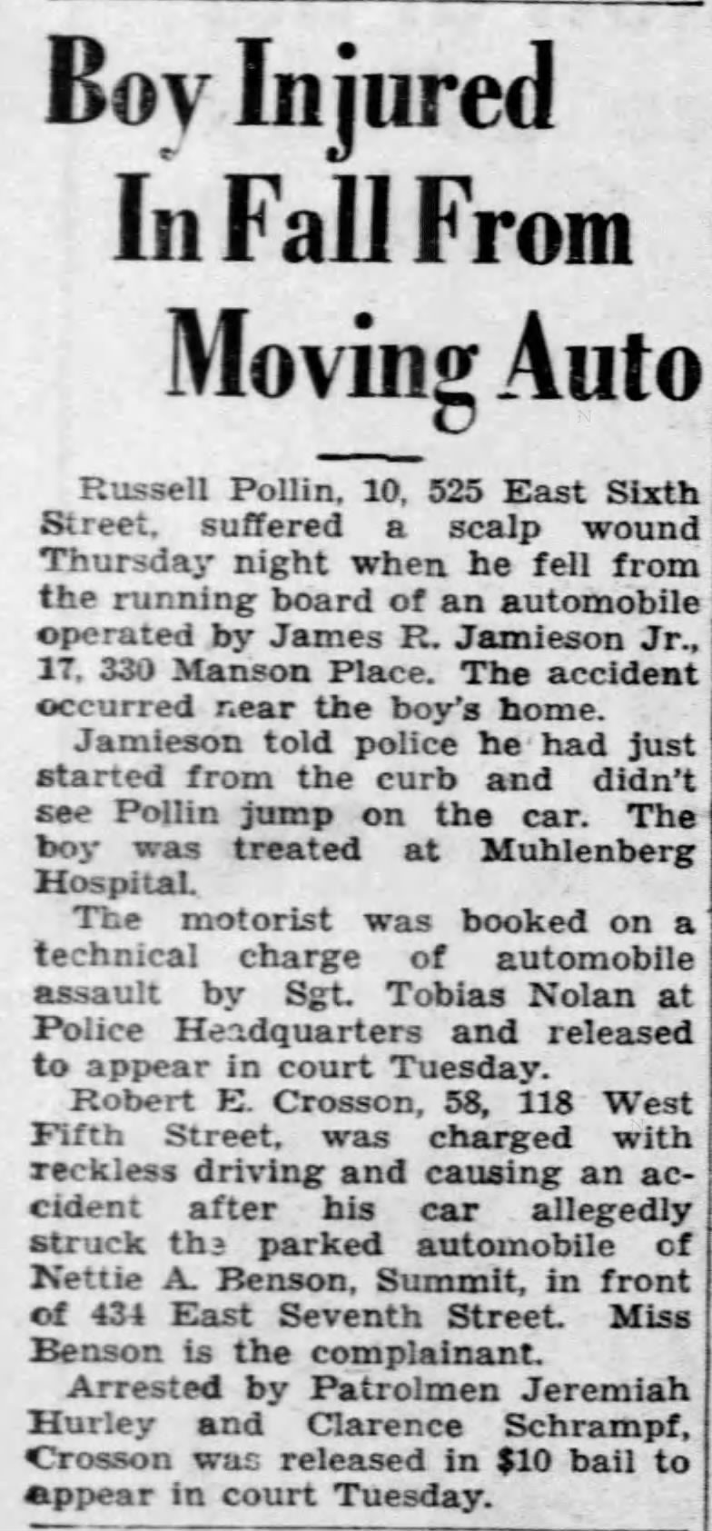 Russell Pollin hurt by car.  Courier News (Bridgewater, NJ), Sat, 13 Oct. 1934, p.8.