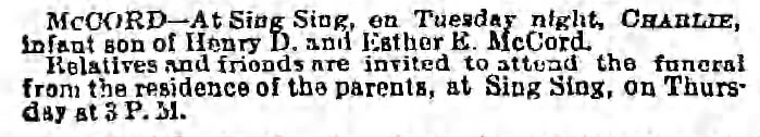 Charles McCord obituary, Thursday, 30 Sept. 1875, The Brooklyn Daily Eagle, p. 3.